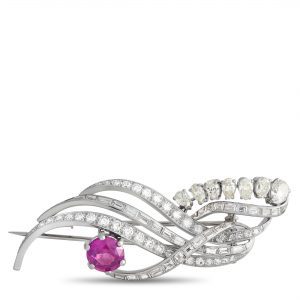 PLATINUM 5.00 CT DIAMONDS AND PINK SAPPHIRE BROOCH